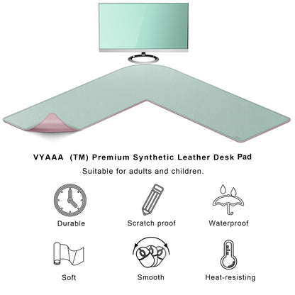 Vyaaa L-Shaped Leather Desk Pad, Two Tone Gaming Mouse Pad for Corner Desk Mat, Office and Home, 43 x 43 x 15.7 Inch, Pink and Green