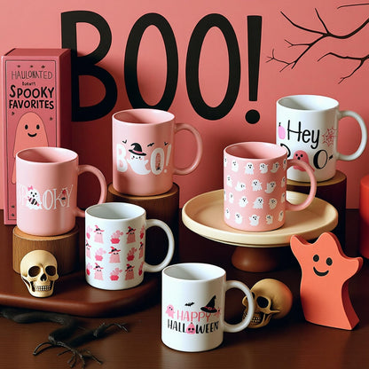 Didaey 6 Pcs Pink Halloween Mugs Cute Ghost Coffee Mug 12 oz Pink Ghostface Ceramic Cup for Girly Halloween Birthday Gifts
