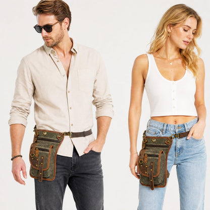 Handadsume Canvas + Leather Motorcycle Travel Fanny Waist Pack Drop Thigh Leg Bag Pouch For Men Women FB2141 (2141-The Army Green)