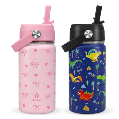 XccMe 2Pack Kids Water Bottle With Straw Lid,14 oz Stainless Steel Travel Bottle,Double Wall Leak Proof Kids Cup,Insulated Tumbler for Toddlers,Metal Bottle for School Boys Girls(Bow+Dinosaur)