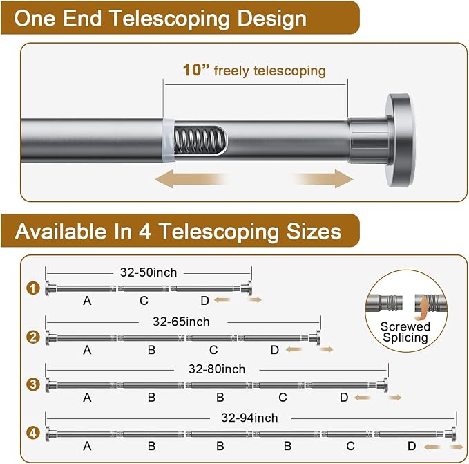 Ausemku Shower Curtain Rod 32-80 Inch Adjustable - 1 Inch Diameter Heavy Duty No drill Spring Tension Shower Rod, Non-Slip Rustproof Telescopic Rod for Bathroom, Nickel