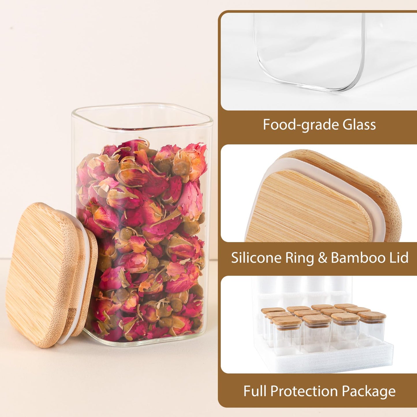 TBWIND 20 Pack 8 oz Square Glass Spice Jars with Lids and Labels – Airtight Small Spice Containers Set, Clear Glass Storage Jars for Seasoning, Spices, Kitchen Pantry Organization