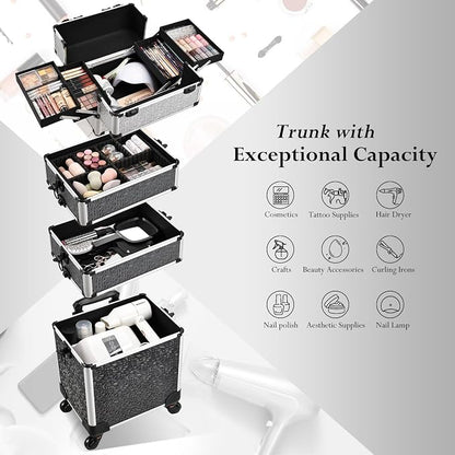 Stagiant Rolling Makeup Train Case Cosmetology Case on Wheels 4 in 1 Large Cosmetic Case with Wheels Makeup Travel Case with Keys Nail Kits Organizer Artist Salon Storage Traveling Cart Trunk Tricolor