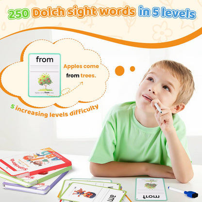 DEGIDEGI Big Size Sight Words Flash Cards Kindergarten, 250 Dolch Sight Words Game with 5 Levels, Preschool Toddler Flash Card for Writing Reading Spelling Game, Educational Learning Toy for Kid Age 3