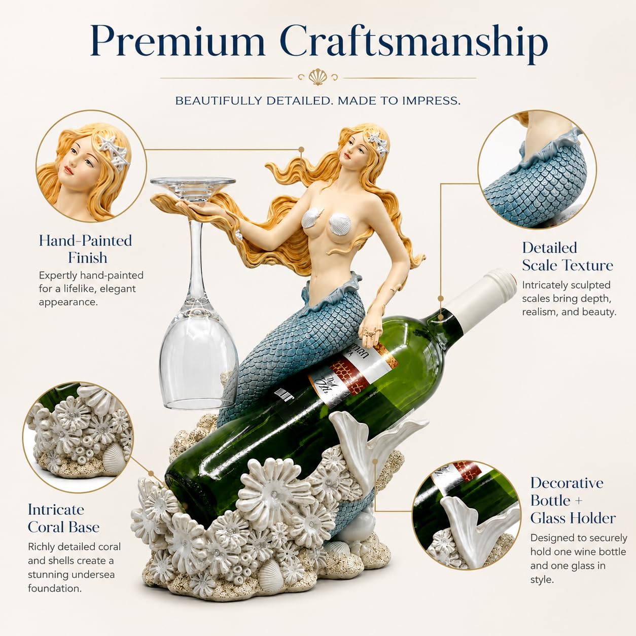 Comfy Hour Under The Sea Collection Mermaid Wine Rack Bottle Holder, 8.46"L x 5.7"W x 13.0"H, Polyresin