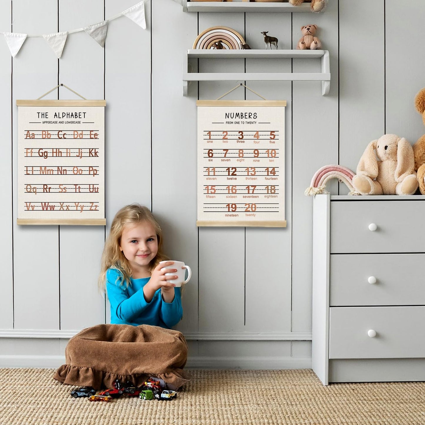 Alphabet and Numbers Wall Chart Set of 2 ,Nursery Educational Canvas Posters,Alphabet and 1-20 Number Learning Banners for Toddlers, Preschool Classroom, Homeschool, Playroom,Kids Room Decor 14 x 18.5 Inch (Brown)