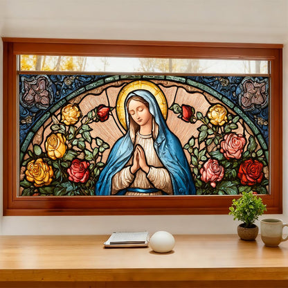 WDESYADMS Window Privacy Film 39x17 Inch Stained Glass Virgin Mary and Roses Design Peel and Stick Static Cling Decorative Window Film for Living Room Bedroom Glass Door