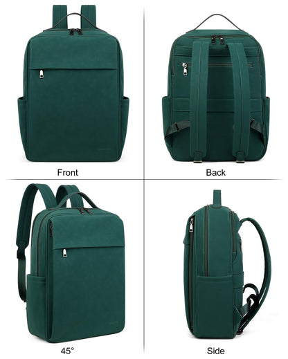 MASINTOR 15.6 inch PU Leather Laptop Backpack Purse for Women, Large College Casual Backpack Travel Bag Retro Green