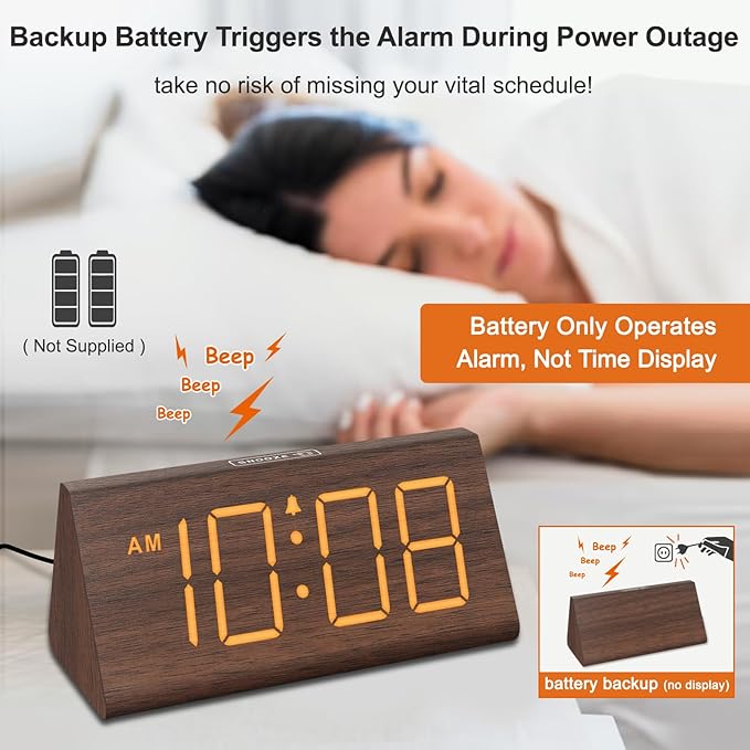 DreamSky Wooden Digital Alarm Clock for Bedrooms with Large Numbers | Electric Desk Clock, USB Port, Loud Alarm for Heavy Sleepers, Adjustable Volume, Dimmer, DST, Wood Décor Gifts, Plug in Clock