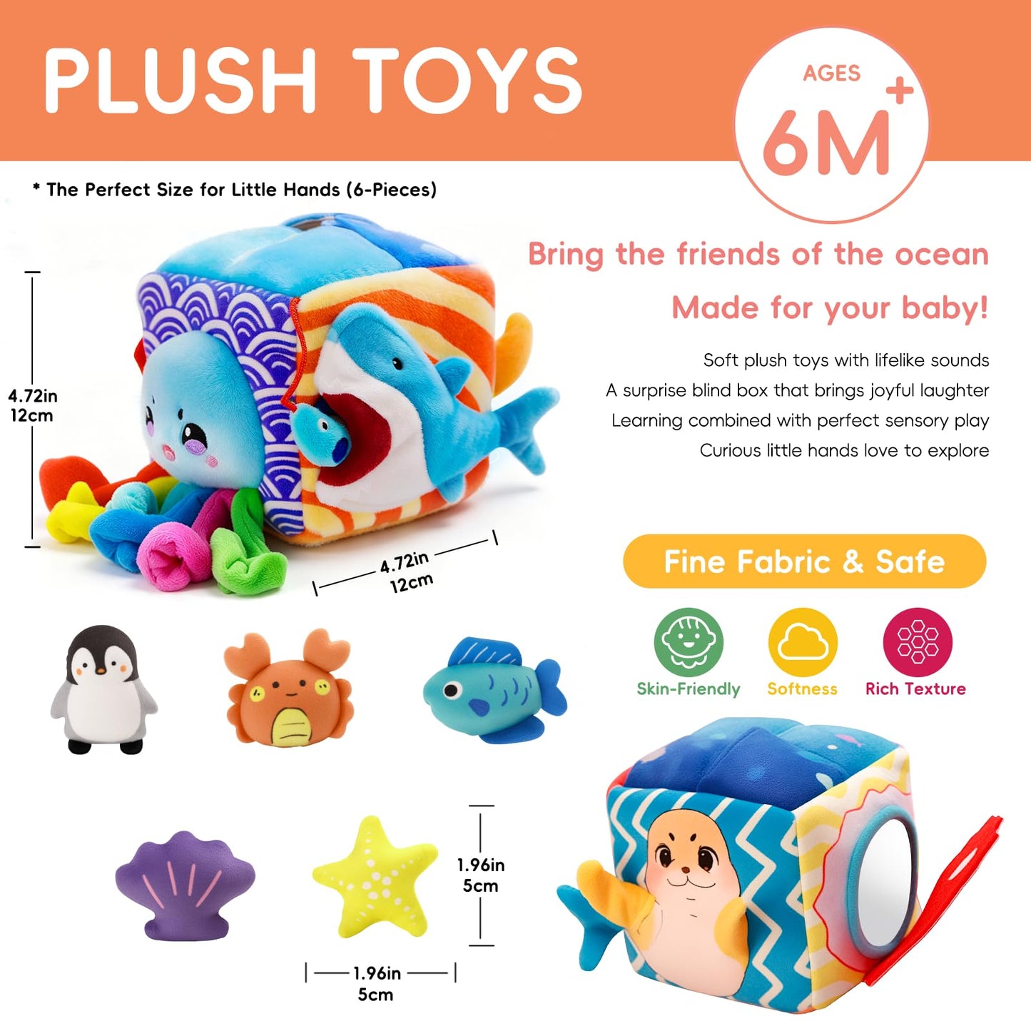 SAIMAND Baby Toys 6-12 Months–Mystery Soft Box with 5 Plush Marine Animals,Rattle,Crinkle Paper & Mirror–Montessori Sensory Toys for 6 Month Old Babies 1-3 Year Old Boy Girl Birthday