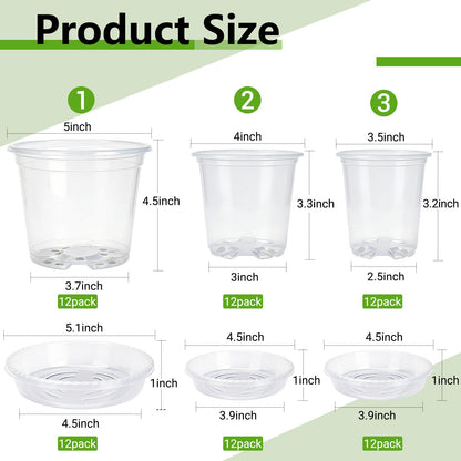 CAKKVDE 36 Pack Clear Nursery Pots with Saucers, 3.5/4/5 Inch High Transparency Plastic Plant Pots with Drainage Holes, Variety Pack for Propagation, Seed Starting, Succulents, Herbs and Vegetables