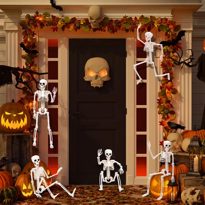 XIMISHOP 5pcs Halloween Skeleton Decoration, 16" Full Body Posable Hanging Skeleton with Movable Joints for Graveyard Haunted House Indoor Outdoor, White