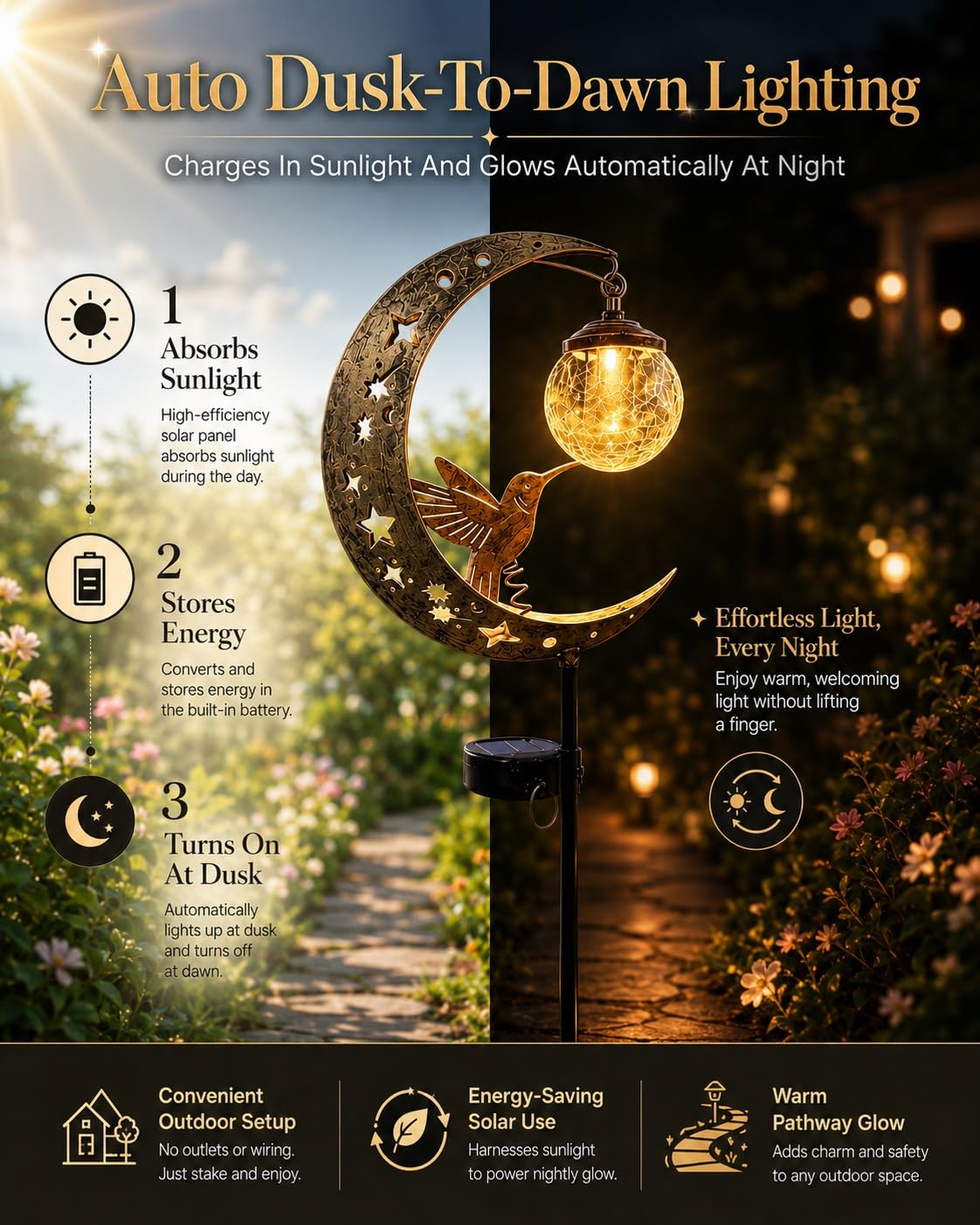 MJTLCZF Hummingbird Moon Solar Garden Stake Light,Half and Half Moon Ball LED Pathway Decor Crackle Hanging Glass Globe Ball Metal Crescent for Outside Yard Patio Lawn Pathway Outdoor Decor(2PCS)