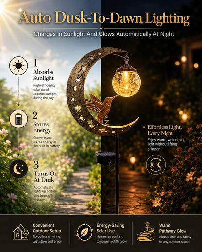 MJTLCZF Hummingbird Moon Solar Garden Stake Light,Half and Half Moon Ball LED Pathway Decor Crackle Hanging Glass Globe Ball Metal Crescent for Outside Yard Patio Lawn Pathway Outdoor Decor(2PCS)