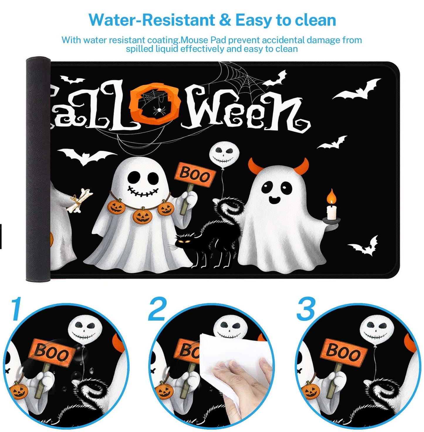 Britimes Halloween White Cute Ghost Large Mouse Pad Non-Slip Desk Pad Keyboard and Mouse Desk Mat Pumpkin Bat Black Gaming Mousepad for Game,Office & Home,31.5 x 15.7 in