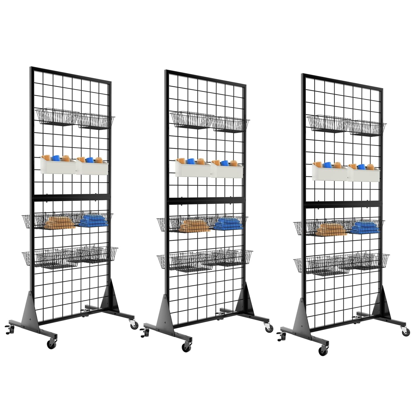 QKOSMTL 3-Pack Gridwall Panel Display Stand, 2'x5.5' Heavy Duty Floor Standing Rack with Detachable Girdwall, Movable Silent Wheel, Easy to Transport, Ideal for Retail & Craft Fairs