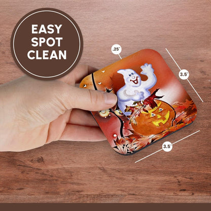 3dRose CST_4421_1 Halloween Ghost and Pumpkin Soft Coasters, Set of 4