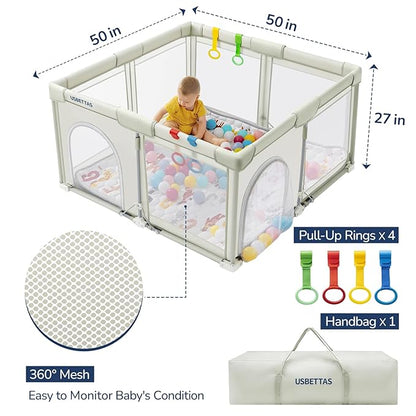 Foldable Baby Playpen, 1-Minute Setup, Lightweight Portable Playpen with Carry Bag, 50"x50" Indoor Outdoor Safty Play Yard for Babies & Toddlers, Beige