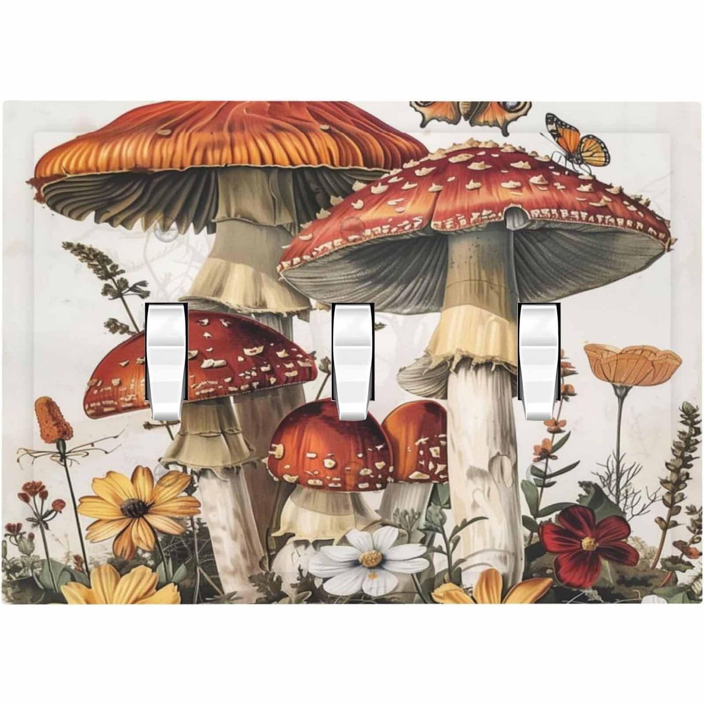 Ihsourgnitnem Decorative Switch Plates Mushroom Forest Butterfly Wild Flower 3 Gang Wall Plate Triple Toggle Light Switch Cover Faceplate Electrical Wall Panels For Bed Room Living Room Decor