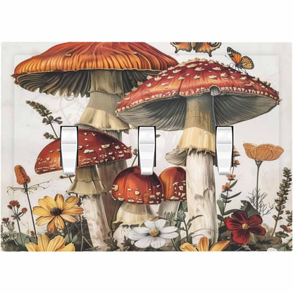 Ihsourgnitnem Decorative Switch Plates Mushroom Forest Butterfly Wild Flower 3 Gang Wall Plate Triple Toggle Light Switch Cover Faceplate Electrical Wall Panels For Bed Room Living Room Decor