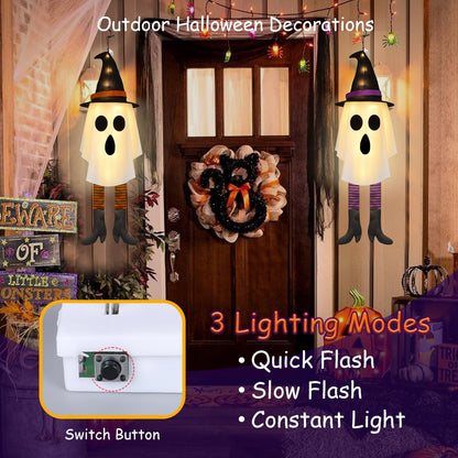 Halloween Ghost Decorations Outdoor Indoor, Hanging Ghost with Witch Hats & Strip Legs, Spooky Flying Ghost with LED String Lights, 3 Lighting Effects – Yard Porch Tree Floating Halloween Decor 2 PCS