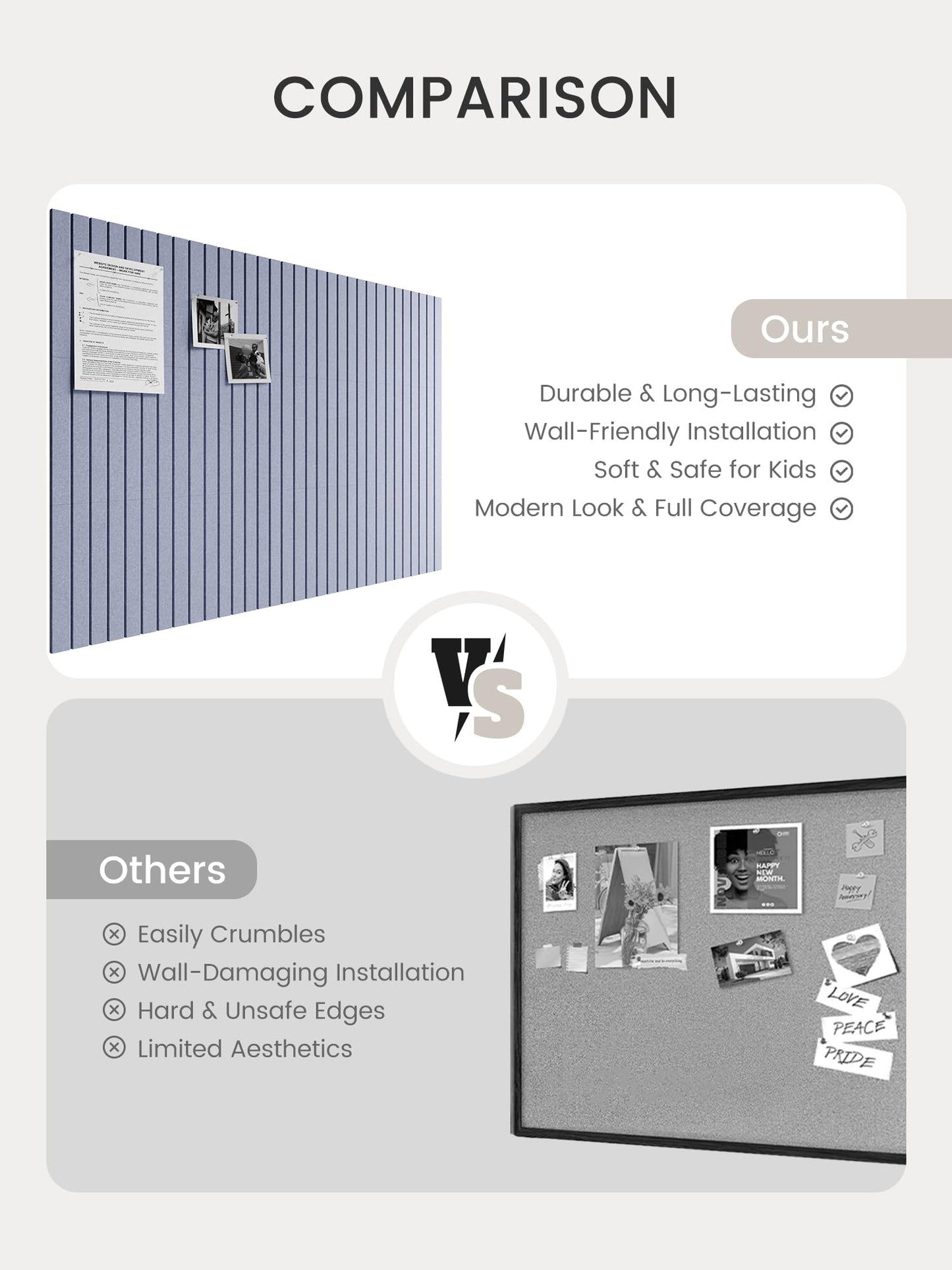 Bumusty Large Cork Board Alternative-48 x 36" Felt Bulletin Board Tiles, with 30 Pushpins, 70 Adhesive Tabs, Fine-Stripe 12-Pack, Cork Boards for Office Push Pin Board-Soft Periwinkle