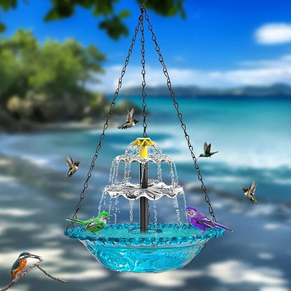 Solar Hanging Bird Bath with Fountain Cascade, Solar Powered Cascade Hanging Bird Bath Fountain with Solars Pump,for Outdoor and Gardens (Blue)