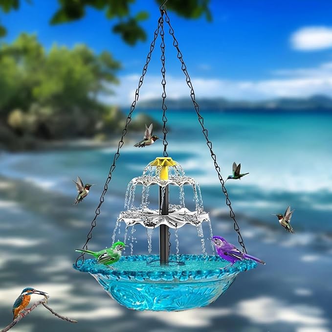 Solar Cascade Hanging Bird Bath Fountain,Solar Powered Cascade Hanging Bird Bath Fountain with Solars Pump,for Outdoor and Gardens (Red)