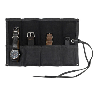 Hide & Drink, Waterproof Waxed Canvas Travel Watch Roll Organizer with 4 Slots, Easy Carry On Watchlover Storage, Handmade Travel Case, Charcoal Black