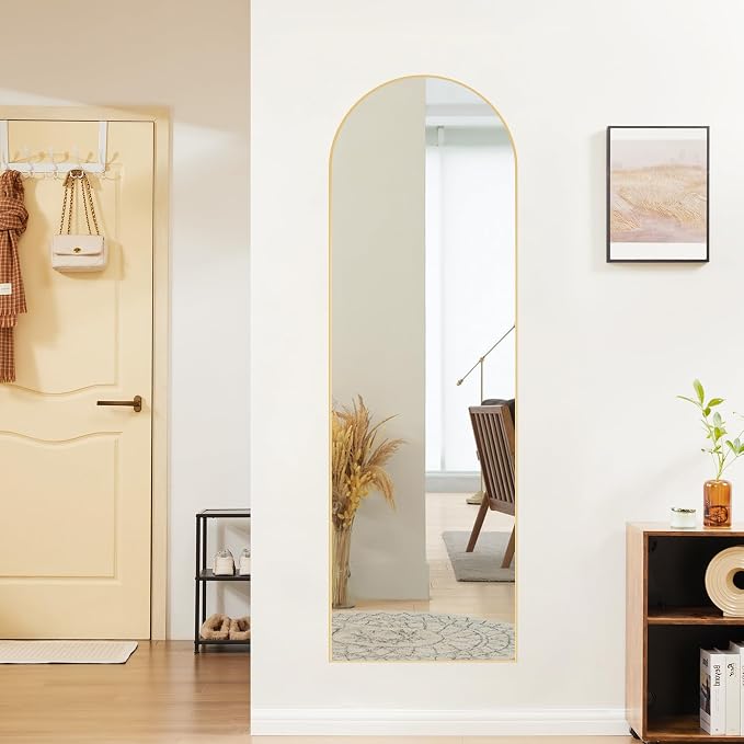 OLIXIS Arched Full Length Mirror for Bedroom, 58"x19" Full Body Mirror with Stand, Hanging or Leaning for Wall, Aluminum Alloy Thin Frame Floor Standing for Living Room, Long, Gold