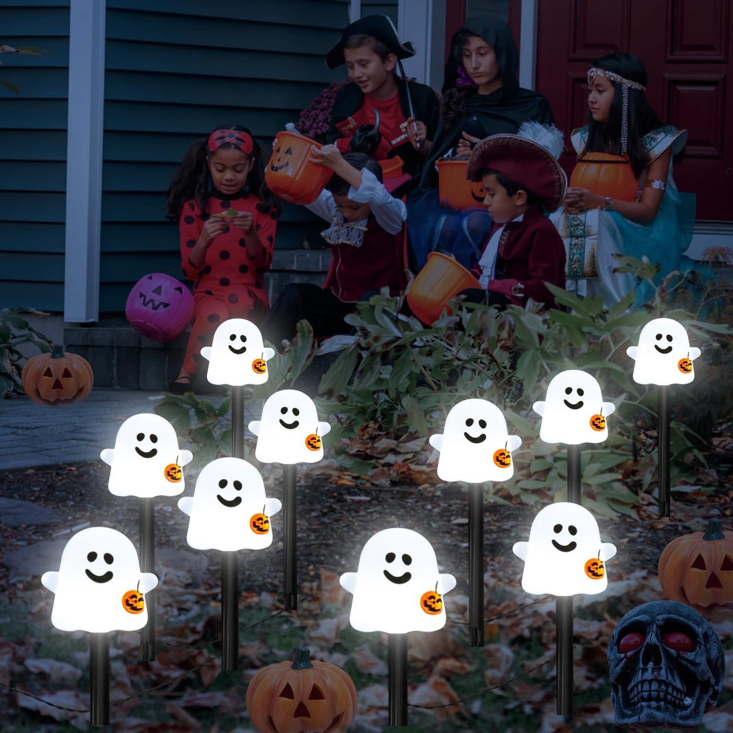 BRIGHTDECK Solar Halloween Ghost Pathway Lights, 10 Pack Ghost Stake Lights with Pumpkin Design, Durable Waterproof Outdoor Halloween Decoration for Garden, Walkway, and Yard (Cold White)