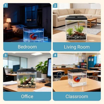 0.8-Gallon Cube Small Fish Tank, Shatterproof Plastic Fish Tank with LED Lighting, Temporary Fish Bowl for Fry, Isolation, Education & Decoration