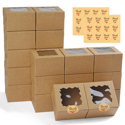 WINKIO 48 Pcs White Cookie Boxes, 4x4x2.5 Inches Bakery Boxes with Window, for Mini Cake Treat Dessert Pastry Donuts Macaroon Strawberries Chocolate Candy (with Stickers)