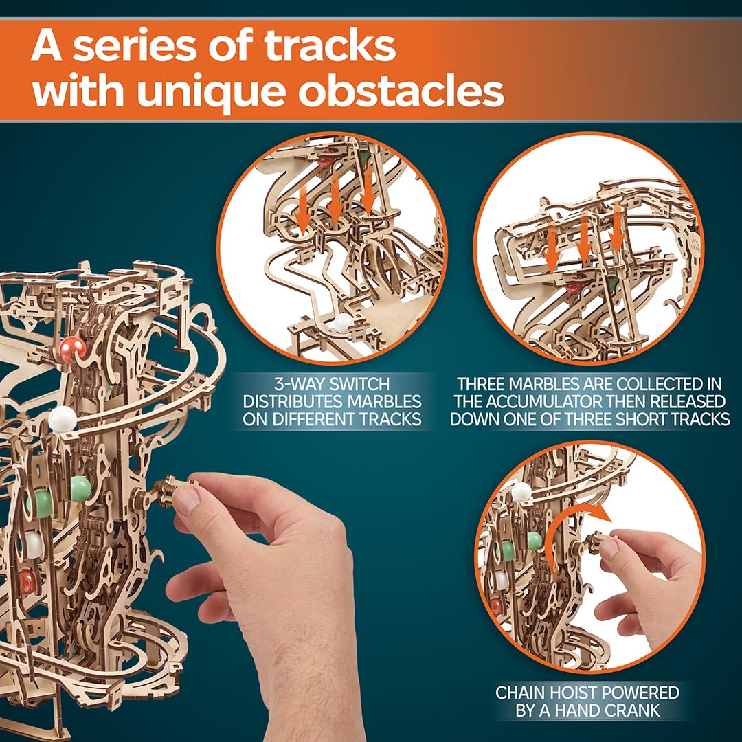 UGEARS Marble Run Chain Hoist 3D Wooden Puzzles for Adults - Wooden Model Kits for Adult Models for Adults to Build Mechanical Engineering Kit Brain Teaser, Hobby Set