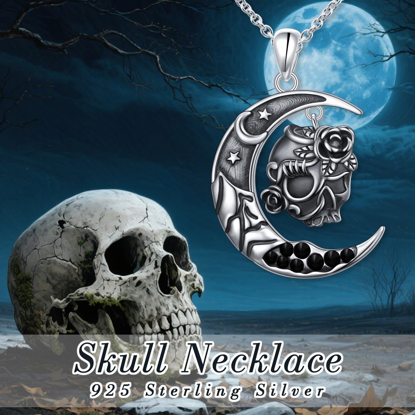 DAOCHONG Halloween Skull Necklace 925 Sterling Silver Retro Gothic Skull Style Cocktail Party Pendant Necklace Halloween Birthday Christmas Skeleton Jewelry Gifts for Women