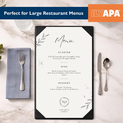 Ilyapa 5 Pack Restaurant Menu Covers 11 x 17 - Vinyl Leather Menu Holder, Single Sided Book with Corner Sleeves for Display of Wedding Menus, Weekly Kitchen Specials & Bar Drinks for Table Top