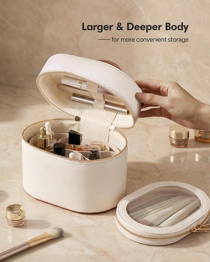 Prite Makeup Bag Travel Cosmetic Case with Clear Toiletry Pouch and Removable Divider, Vegan Leather Organizer for Women