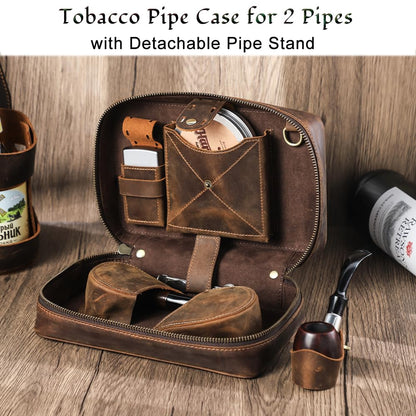 CONTACTS Pipe Tobacco Pouch with Pipe Stand Full Grain Leather Tobacco Pipe Accessories Bag Handmade Travel Organizer for 2 Pipes, Lighter, Cigarette