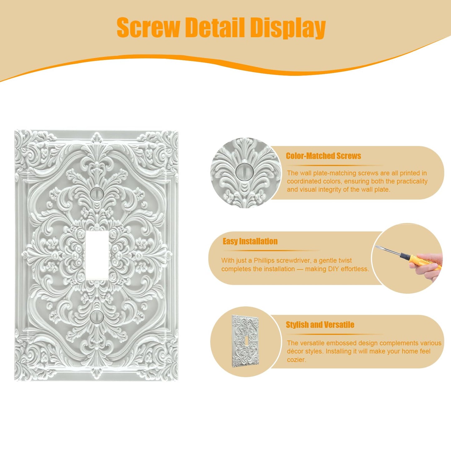Spshian Decorative Light Switch Plate Covers White Flower Elegant 3D Floral Embossed 1 Gang Light Switch Cover Plate Single Toggle Wall Plate Outlet Covers Faceplate for Bedroom Home Decor