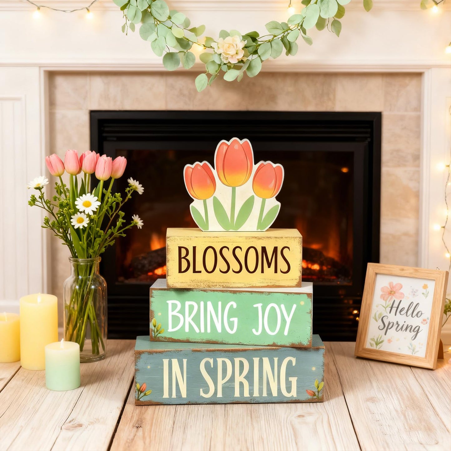 Spring Decoration Wooden Tiered Tray Decor – Tulip Blossoms Spring Stacked Block Sign with Floral Accent – Farmhouse Tabletop Spring Decor for Shelf Mantel Seasonal Home Display