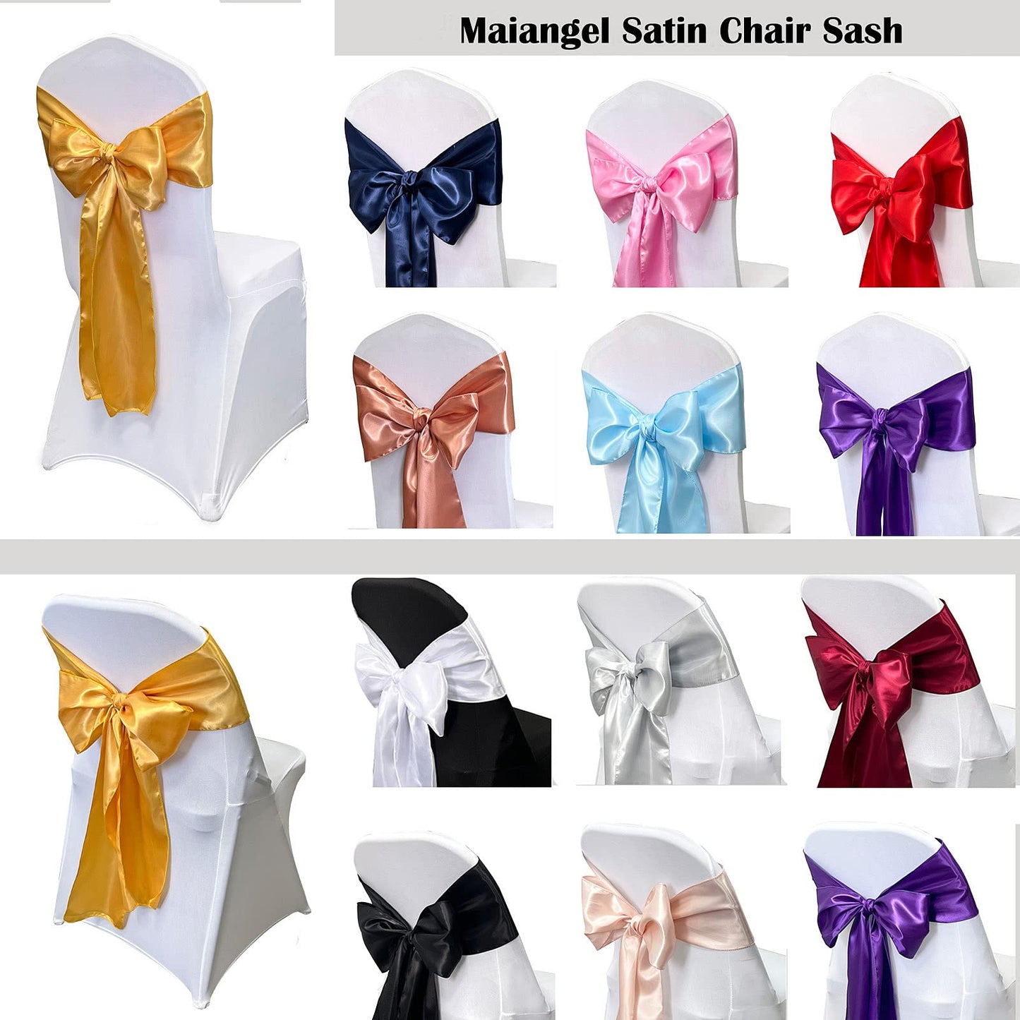 Maiangel Satin Chair Sashes Bows 50PCS Chair Ribbon Ties Back Sash for Wedding Party Events Cover Decoration (Gold)