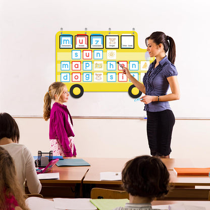Pocket Chart for Classroom, 33 ⅞ " x 22" Large School Bus Shaped Pocket Charts for Kids, Back to School Supplies, Classroom Decor Hanging Pocket Charts with 8 Sentence Strips Holder (Yellow)