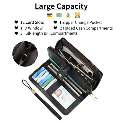 GOIACII Wristlet Wallets for Women Large Capacity RFID Blocking Ladies Phone Clutch Card Holder Black