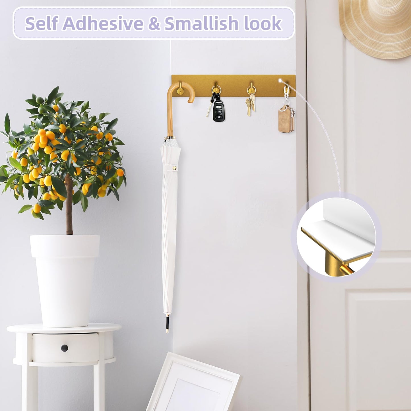 VIS'V Key Holder Wall Mount, Large Adhesive Key Hanger with 4 Hooks, Gold