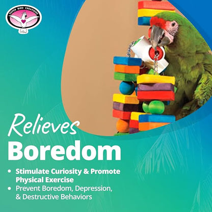 Super Bird Creations - SB478 XL 4 Way Play Bird Toy - Colorful Wooden Blocks, Ringing Bell, and Bird Swing - Perfect Chew Toys for Macaws Parrots & Amazons - Ideal for Large to Extra Large Birds