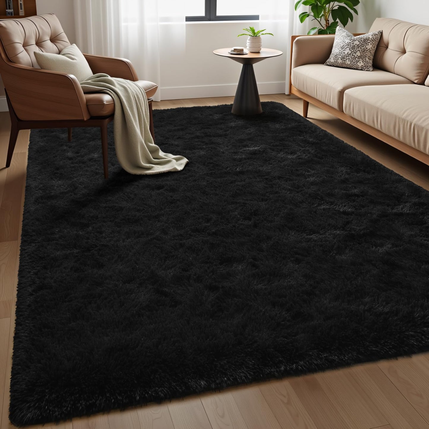 Macgace Fluffy Area Rugs for Bedroom Decor Aesthetic, 5x7 Black Shag Rug with Non-Slip Dots for Living Room, Furry Plush Mat Washable Fuzzy Carpet Modern Home Decor for Kids Nursery Gothic Room