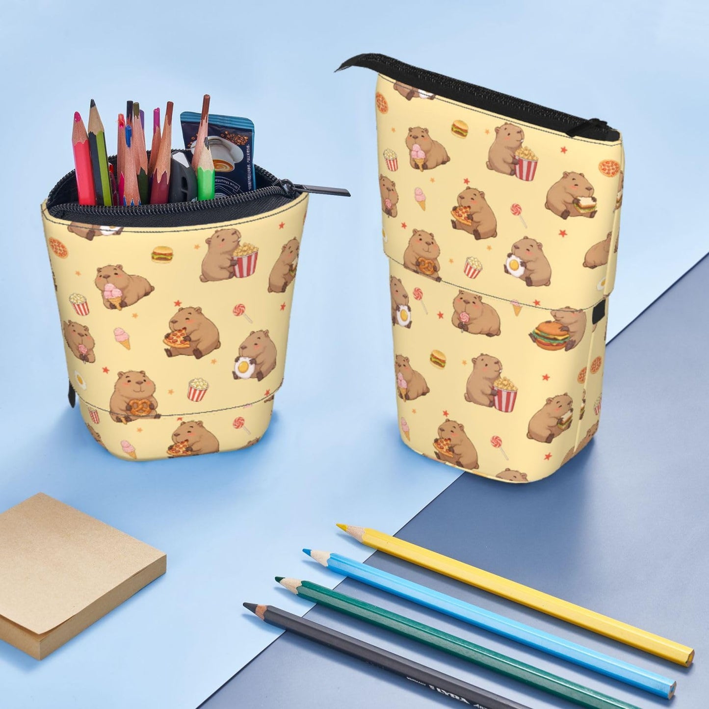 Tezmd Yellow Cute Animals Kids Standing Pencil Case Girls Boys Telescopic Stationary Pouch with Zipper Large Capacity Stand up Pen Bag Portable Makeup Holder for Children School Students
