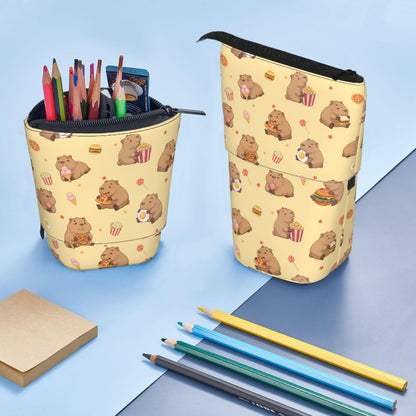 Tezmd Yellow Cute Animals Kids Standing Pencil Case Girls Boys Telescopic Stationary Pouch with Zipper Large Capacity Stand up Pen Bag Portable Makeup Holder for Children School Students