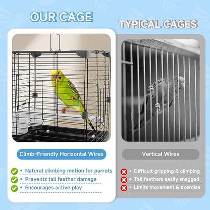 Small Bird Cage - 12x12x14.6 in Lightweight Travel Outdoor Birdcage for Parakeets, Budgies & Canaries and More Small Birds, Bird Carrier with Handle, Stand, Removable Tray, Portable for Hanging, Black