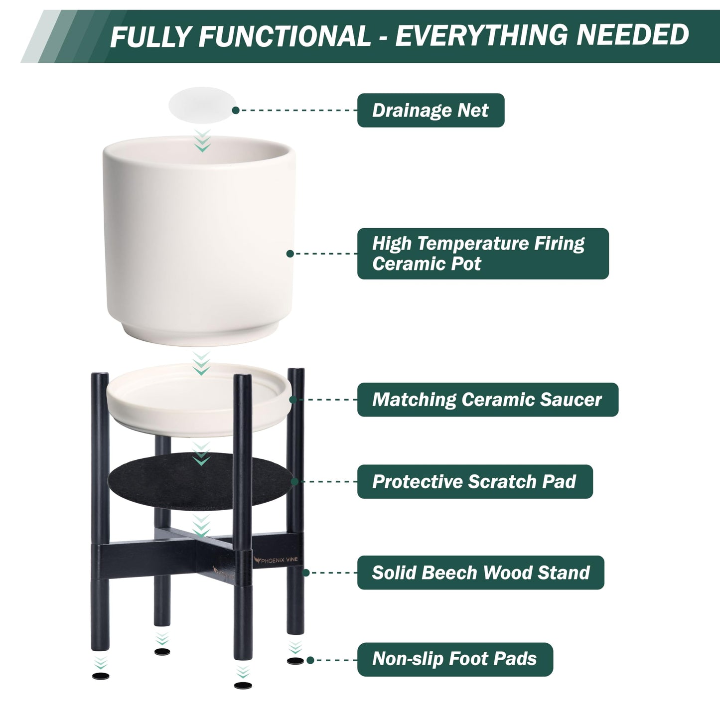 D'vine Dev Ceramic Planter with Ebony Stand - 10 Inch Modern Round Flower Pot with Wood Planter Holder, Oatmeal, 55-B-L-8